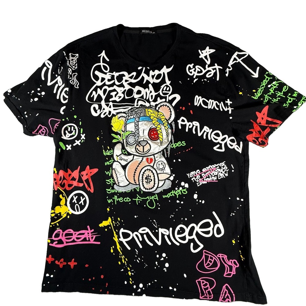 Mebius Hipster Graffiti "PRIVILEGED" Teddy Bear Applique T-Shirt‎ Black XXL Mens